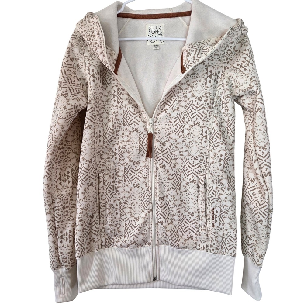 Billabong Women's S Full Zip Hoodie Brown Cream Geometric Print Fleece